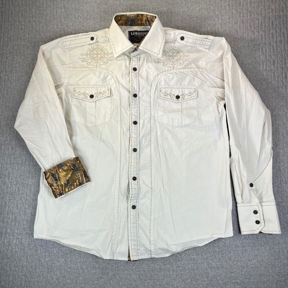 Lamasini Premium Dress Shirt Men XL White Embroidered Western Metal Button Up - Picture 2 of 14